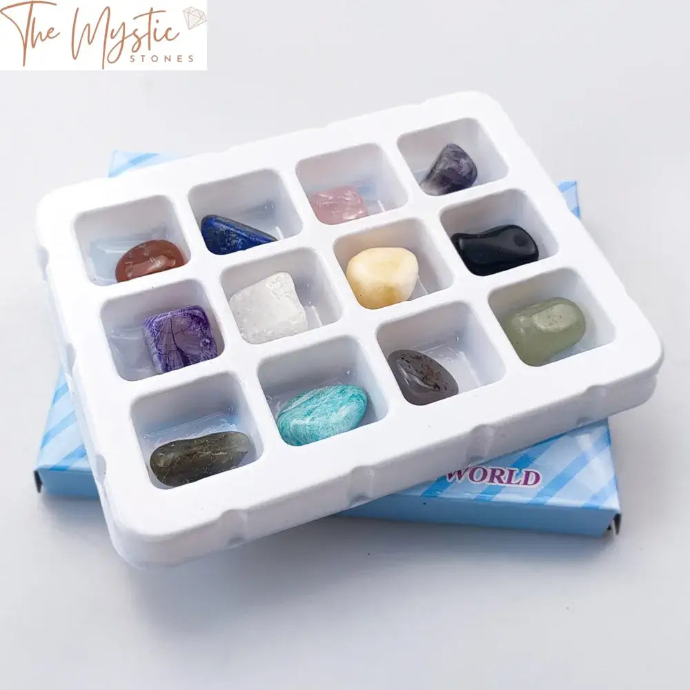 12-Piece Tumbled Crystal Agate Gemstone Set With Display Box