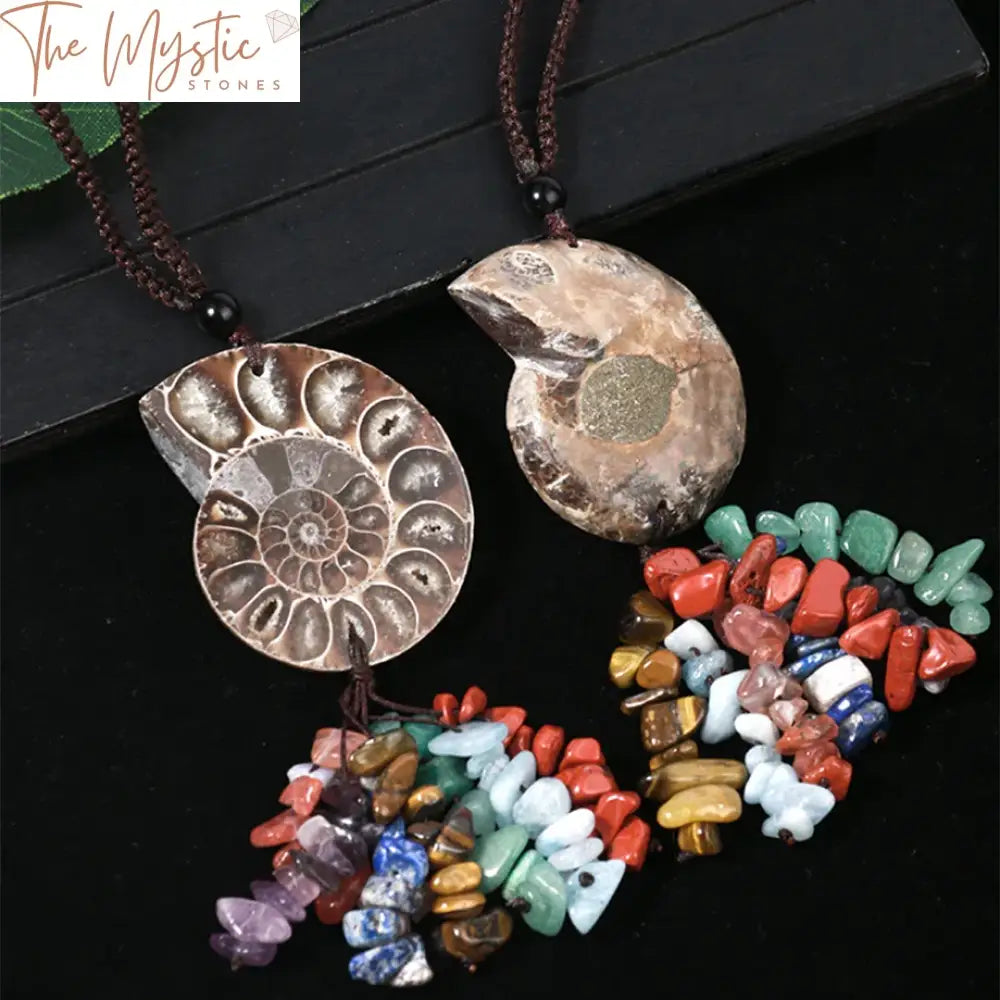 7 Chakra Ammonite Conch Pendant With Natural Stone Chip Beads