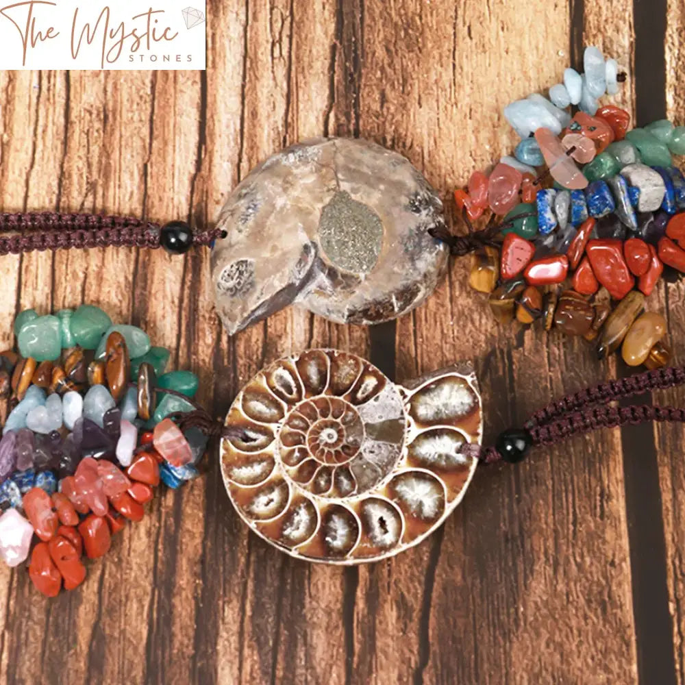 7 Chakra Ammonite Conch Pendant With Natural Stone Chip Beads