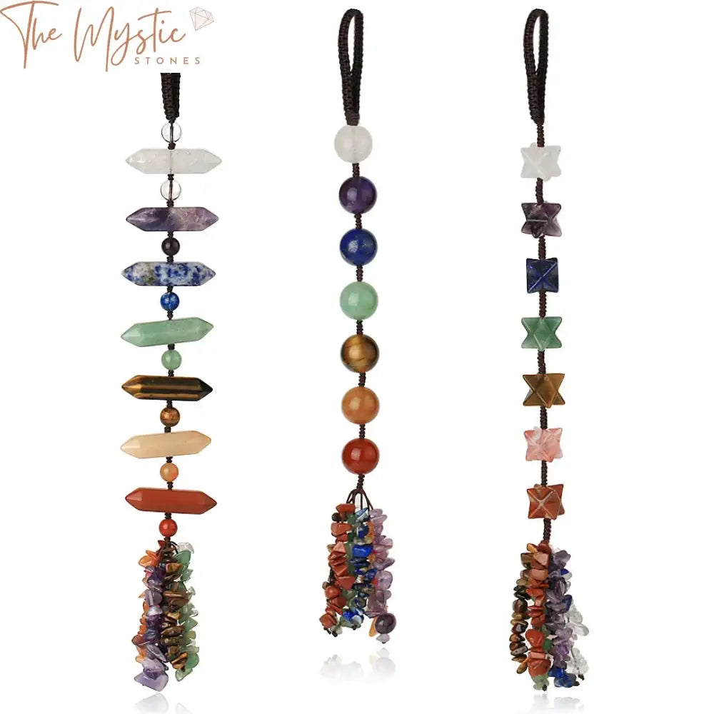 A beautifully crafted car hanging decoration featuring a variety of natural stone chips representing the 7 chakras.