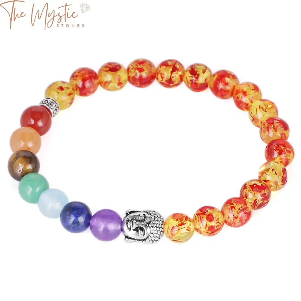 A colorful bracelet made of natural gemstone beads, each representing one of the 7 chakras.