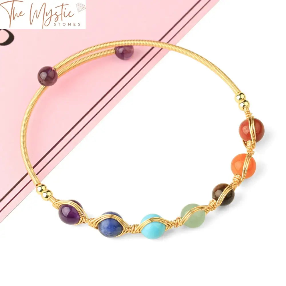 7 Chakra Natural Stone 8Mm Copper Wire Wrap Bracelet