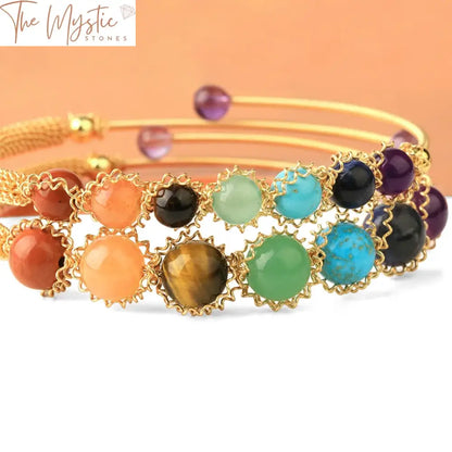 7 Chakra Natural Stone 8Mm Copper Wire Wrap Bracelet