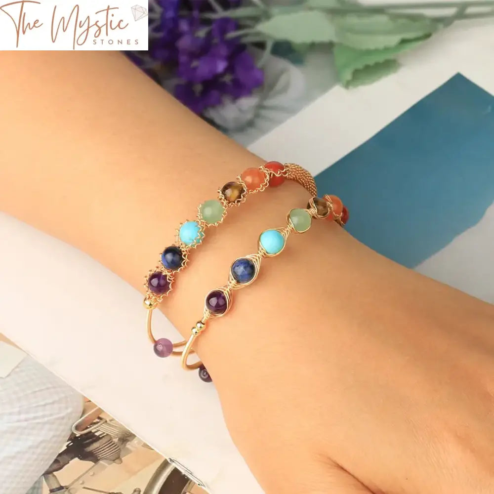 7 Chakra Natural Stone 8Mm Copper Wire Wrap Bracelet