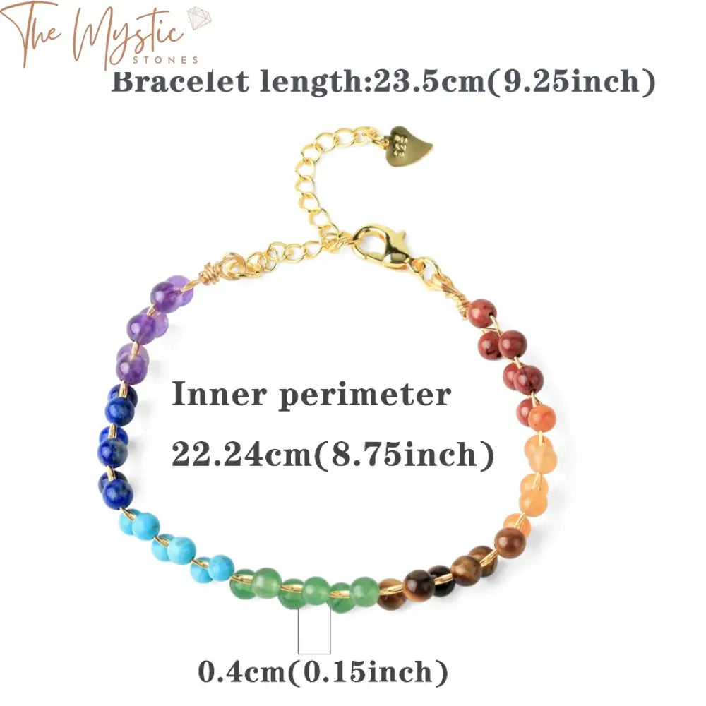 7 Chakra Natural Stone Bead Wire-Wrap Bracelet With Adjustable Gold Chain