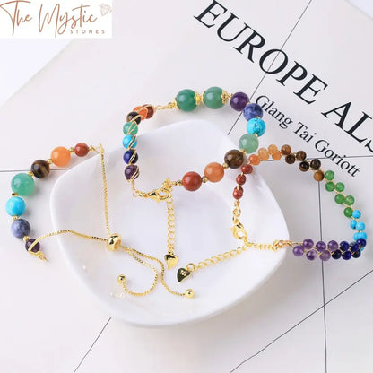 7 Chakra Natural Stone Bead Wire-Wrap Bracelet With Adjustable Gold Chain