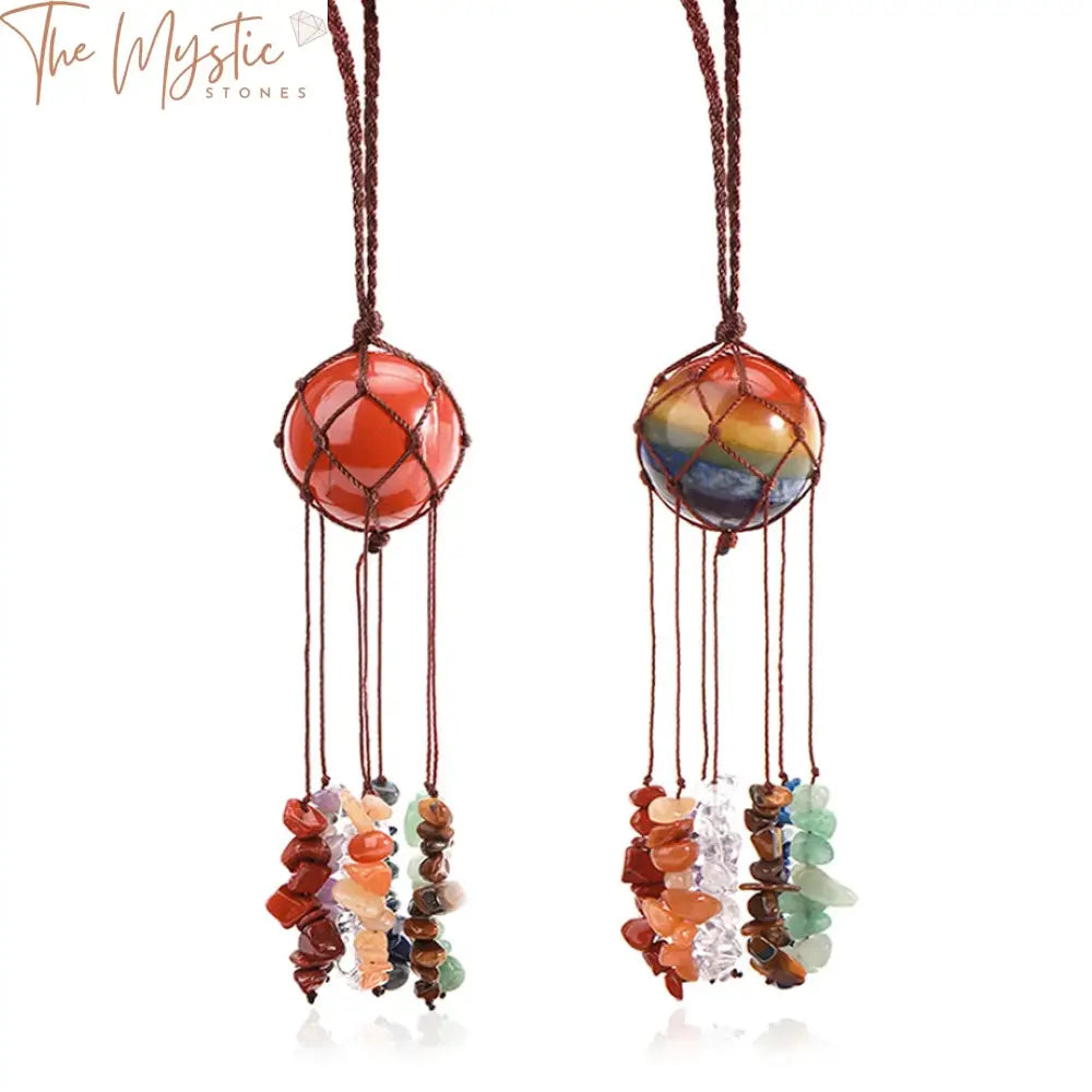 A vibrant car hanging featuring a 30mm round bead surrounded by colorful chip beads representing the seven chakras.