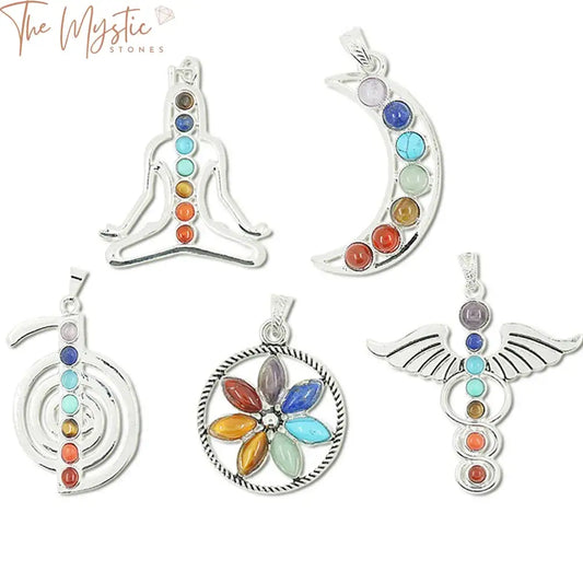 A pendant featuring a circular design with seven distinct, colorful stones each representing a chakra.