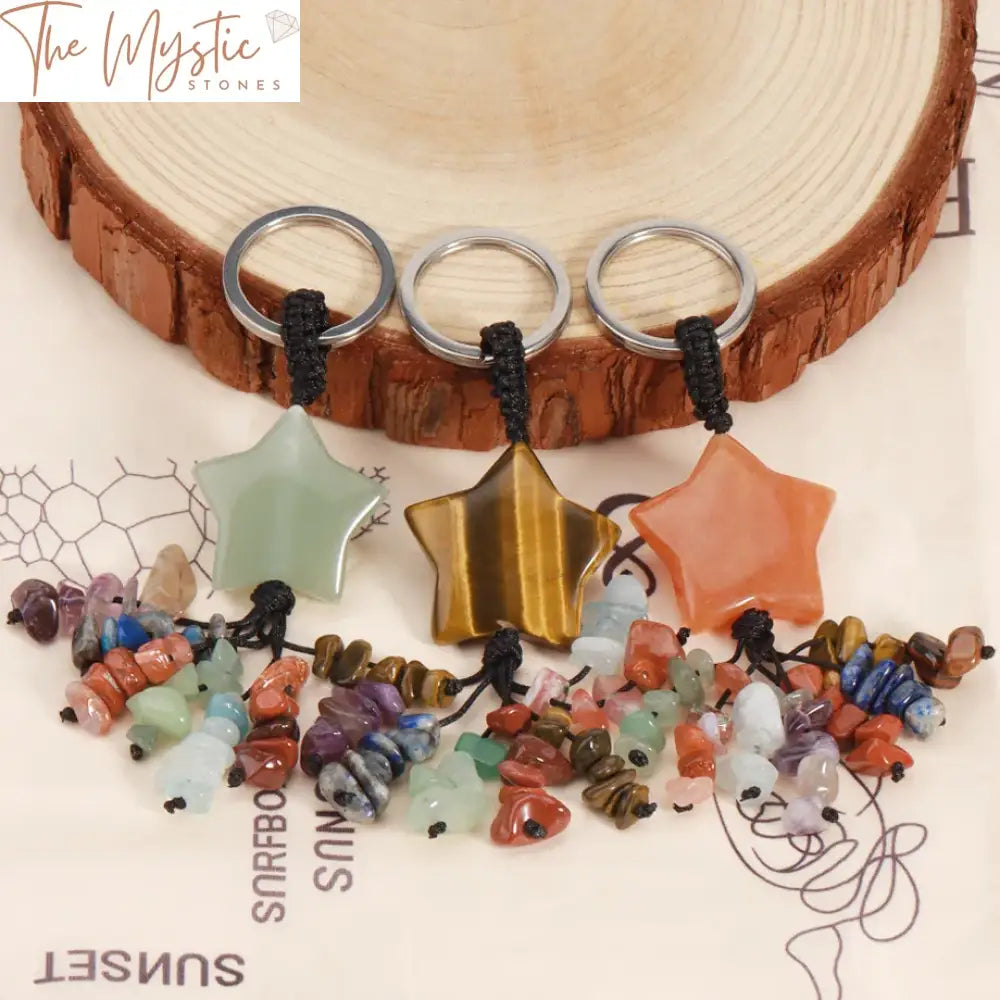 7 Chakra Natural Stone Heart & Star Key Ring