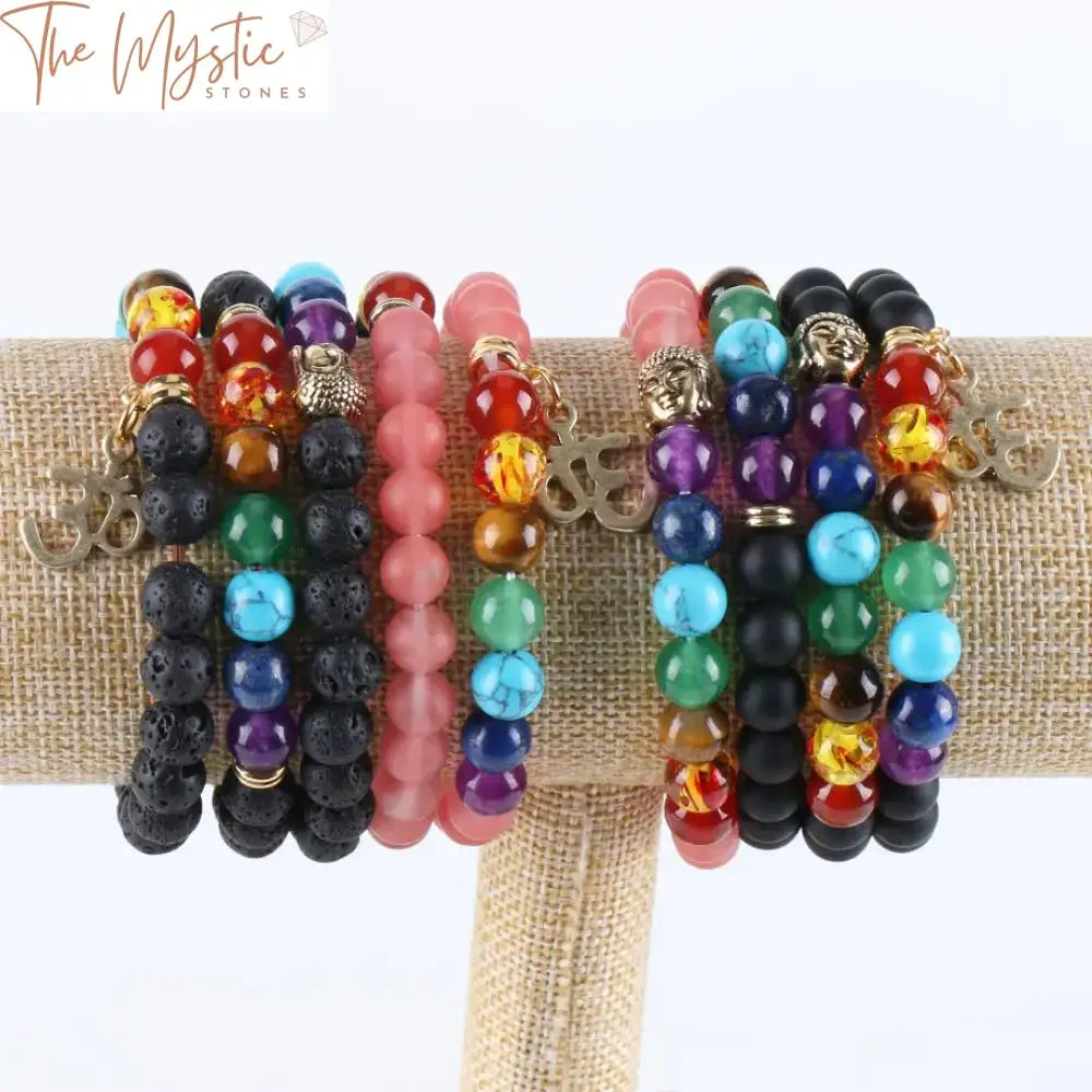 7 Chakra Om Buddha 8Mm Beaded Bracelet