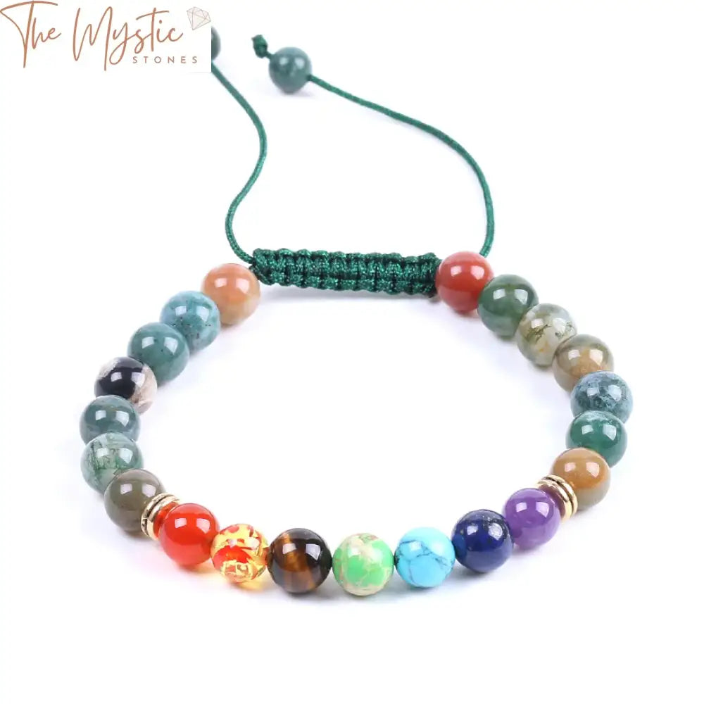 A 7 chakra healing bracelet featuring an array of natural stones in vibrant mixed colors, including onyx.