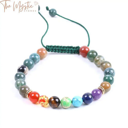 A 7 chakra healing bracelet featuring an array of natural stones in vibrant mixed colors, including onyx.