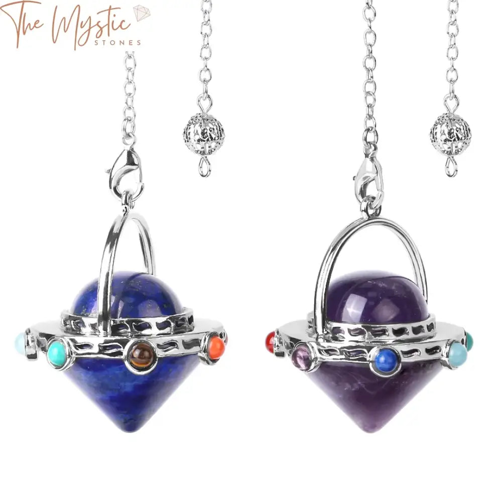 Image of a 7 Chakra Crystal Pendulum featuring a sleek alien spaceship-shaped pendant.