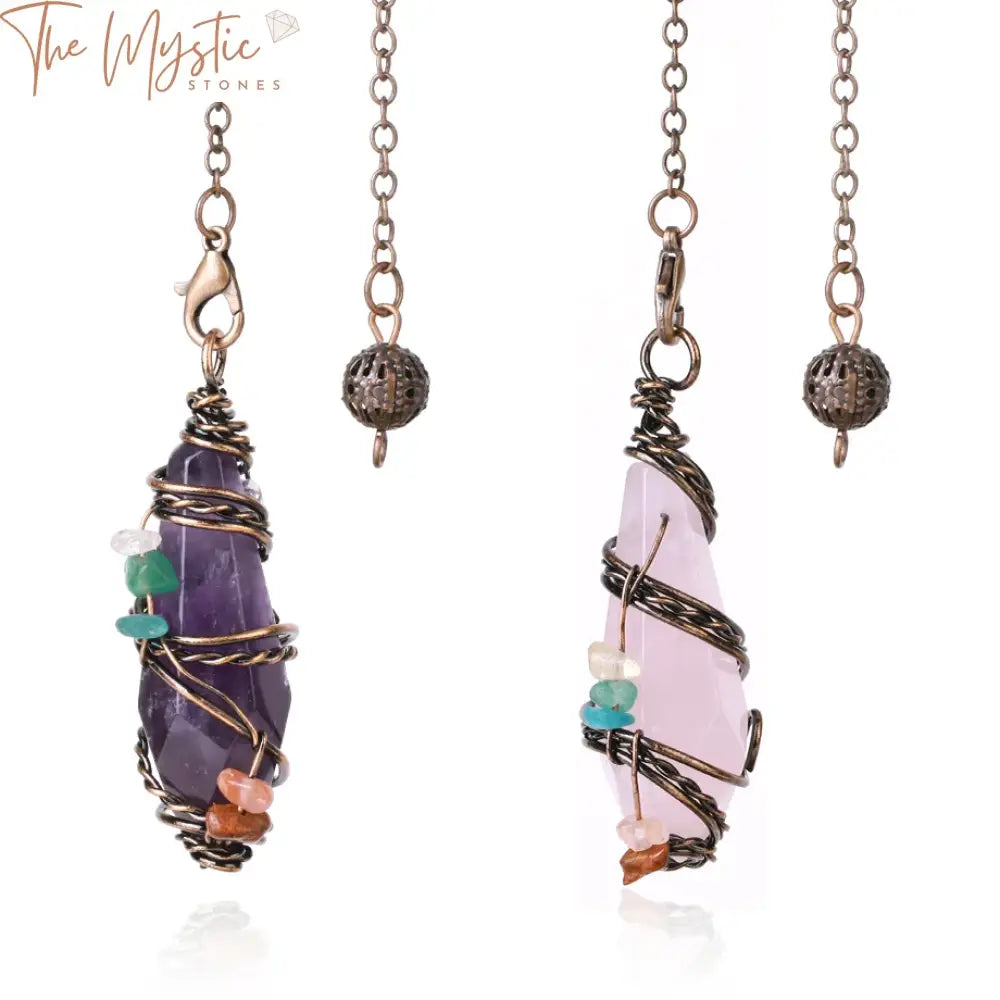 A set of seven pendulums, each featuring a unique wire-wrapped natural stone pendant.