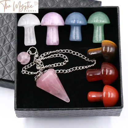 7 Chakras Mushroom & Rose Quartz Pendulum Healing Kit