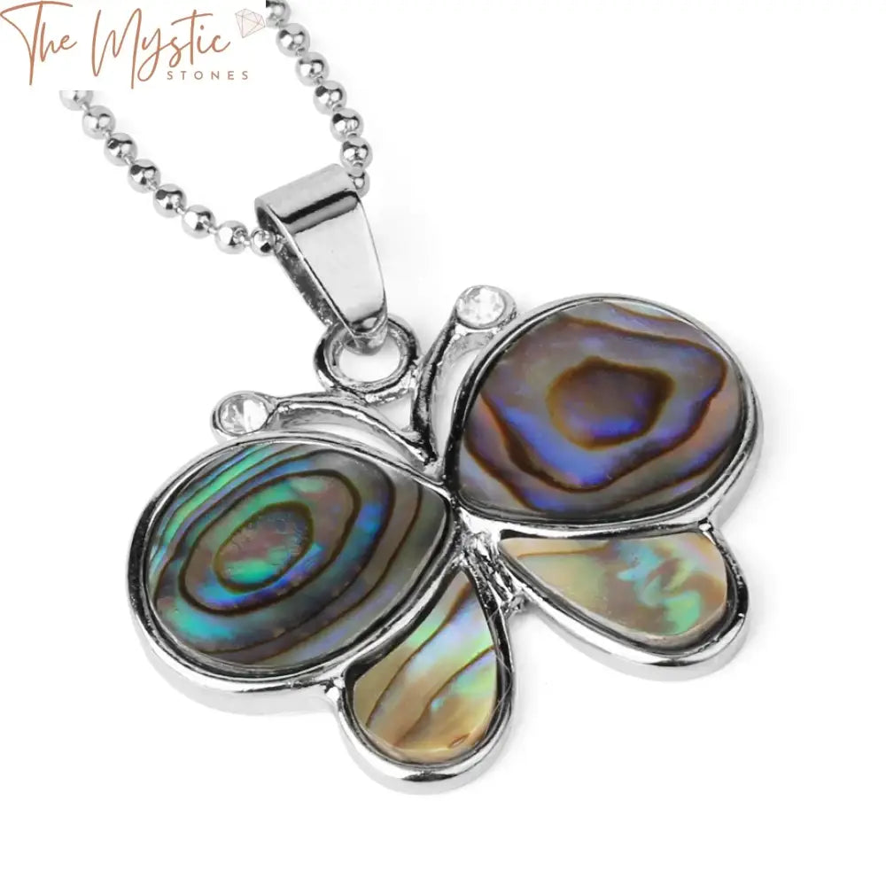 A detailed butterfly pendant featuring vibrant, multicolored abalone shell wings.