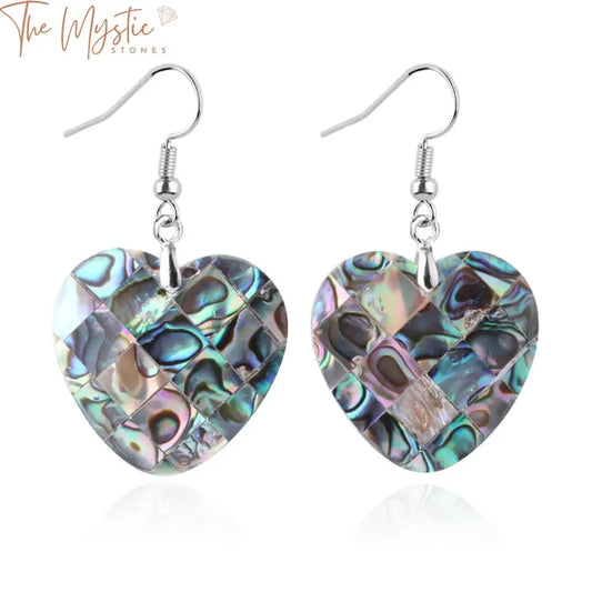 A collection of vibrant earrings featuring natural abalone shells in various shapes including round, square, and heart.