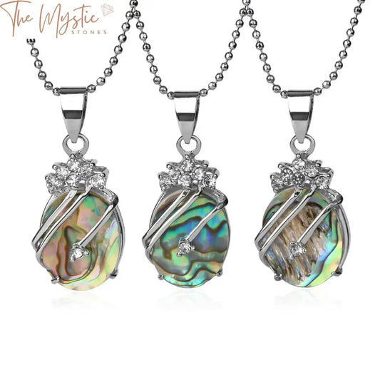 Abalone Shell & Rhinestone Oval Pendant Necklace