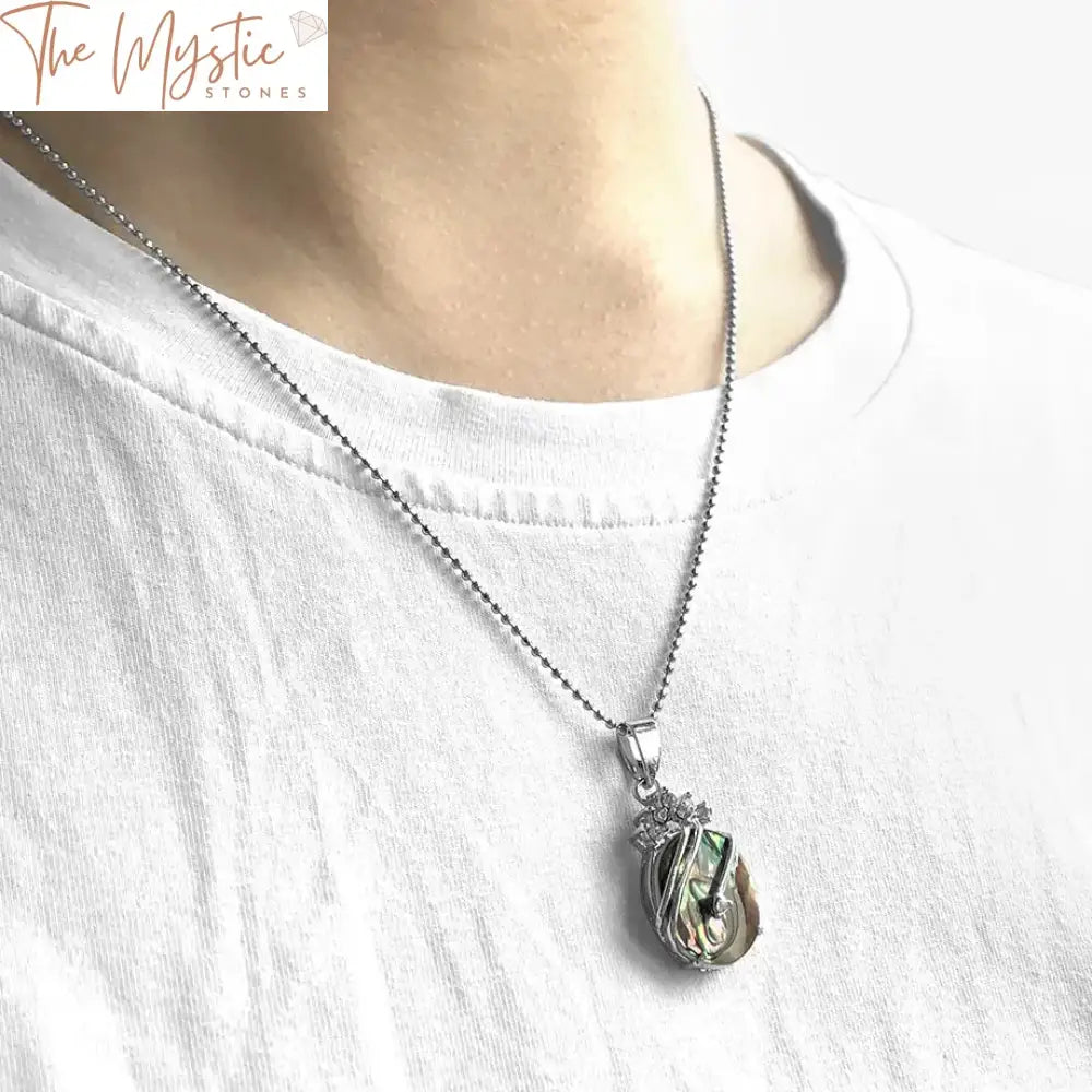 Abalone Shell & Rhinestone Oval Pendant Necklace