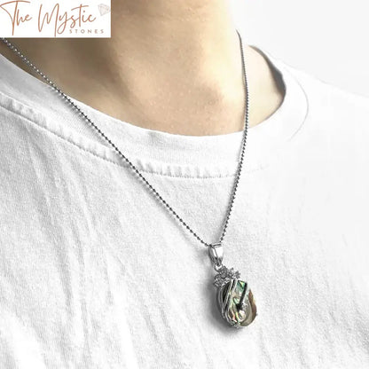 Abalone Shell & Rhinestone Oval Pendant Necklace