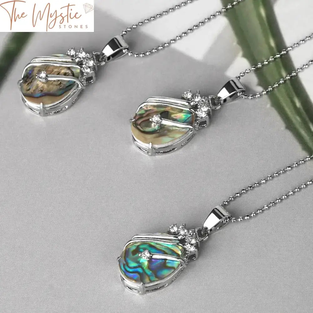 Abalone Shell & Rhinestone Oval Pendant Necklace