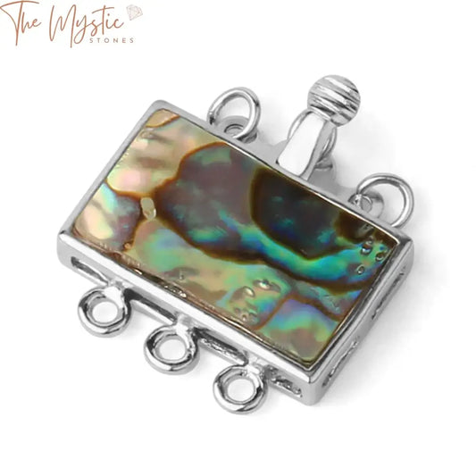 A natural abalone shell connector with a shiny silver-color frame, featuring three clasps.