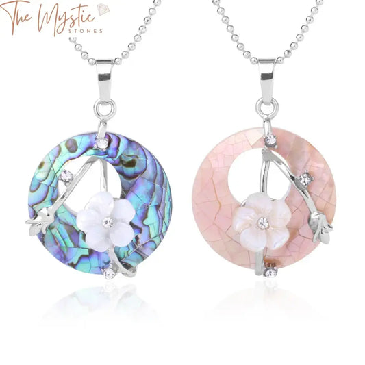 A collection of vibrant necklaces featuring natural abalone shell pendants.