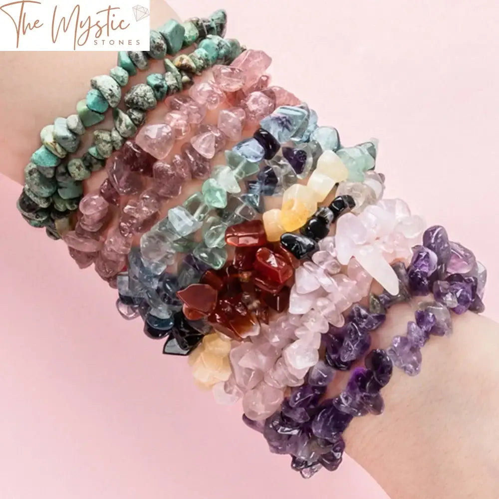 A vibrant bracelet featuring an array of colorful natural stone gravel chips, elegantly strung together.