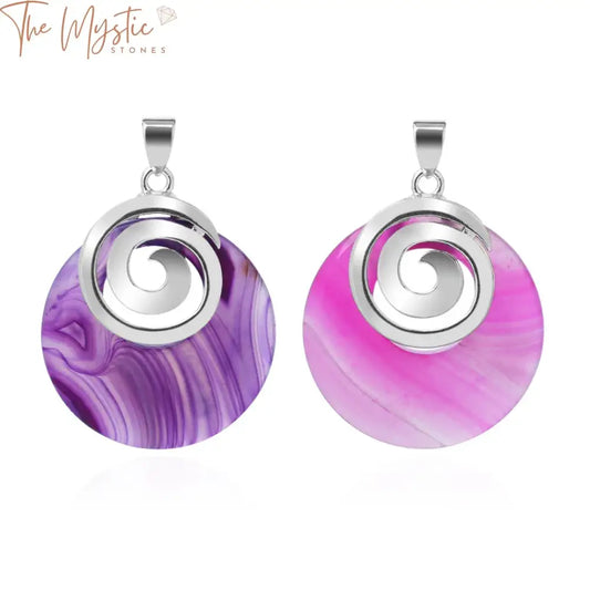 Natural red and purple agate pendants with unique patterns, paired with mother of pearl shell accents.