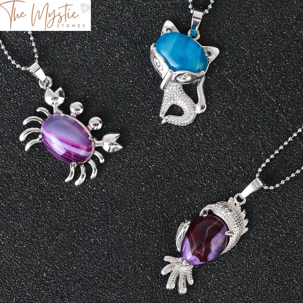 Agate Fox Crab & Parrot Pendant Necklace