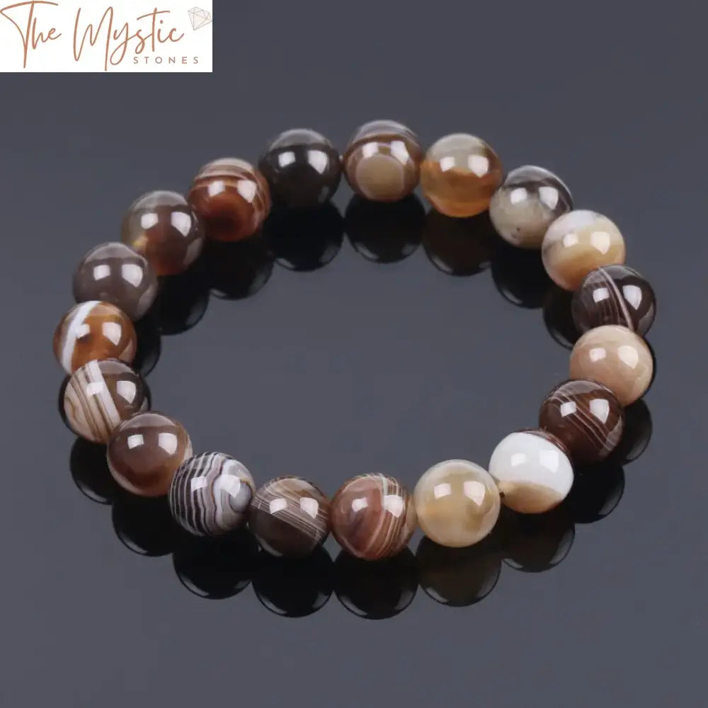 A collection of round gemstone bead bracelets featuring brown striped agate stones, each bead approximately 10mm in diameter.