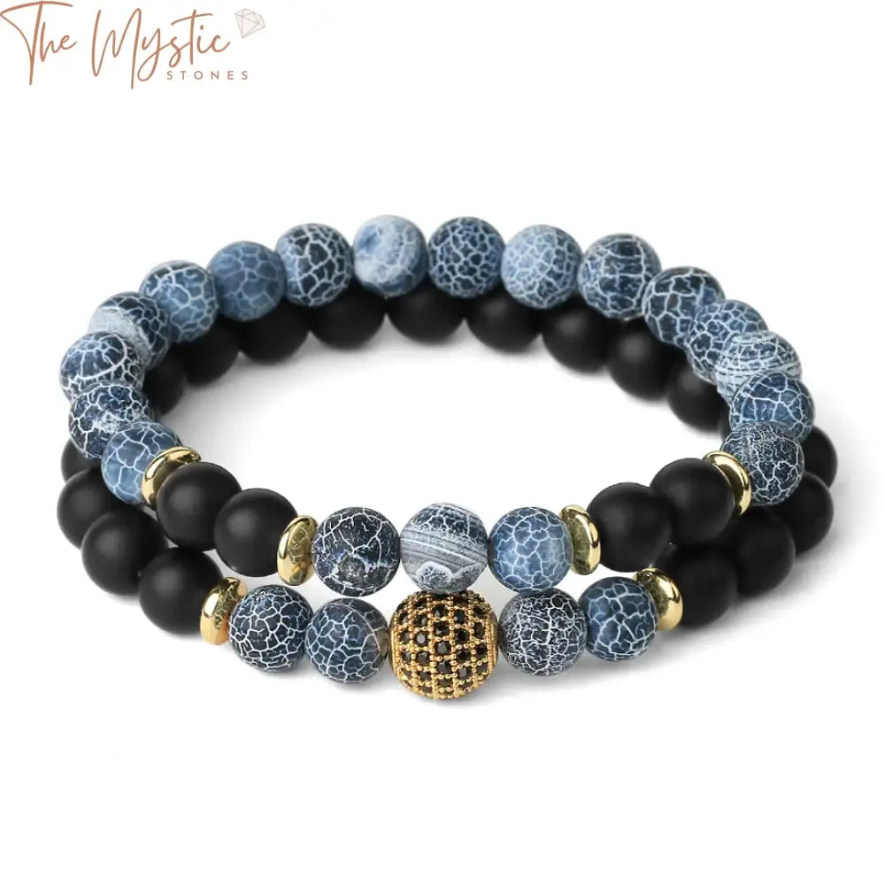 A set of men's bracelets made from natural stones, including weathered agates, matte lava, tiger eye, and amazonite.