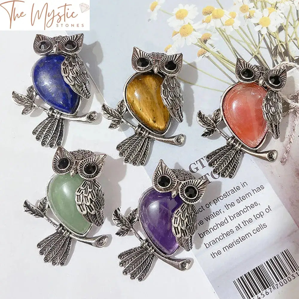 Alloy Owl Pendant With Natural Stone Inlay