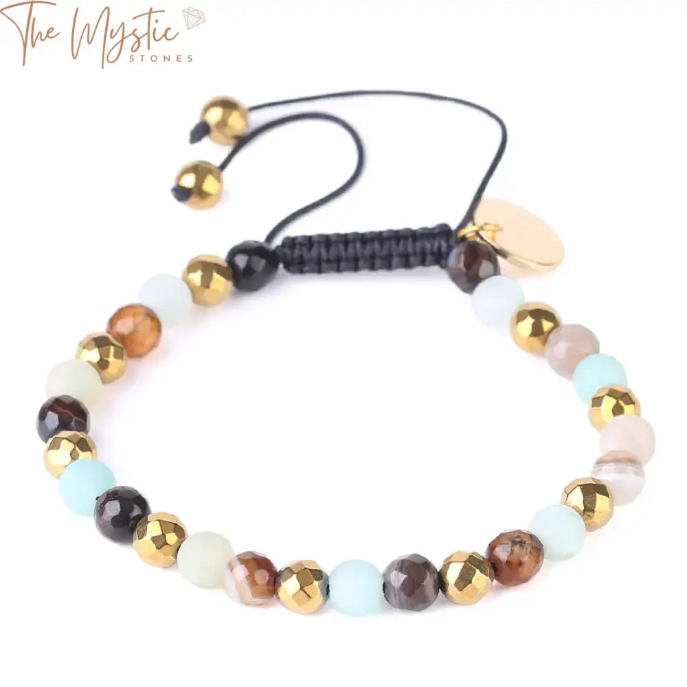 A handmade bracelet featuring matte Amazonite beads with a soft pastel color palette arranged in a braided style.