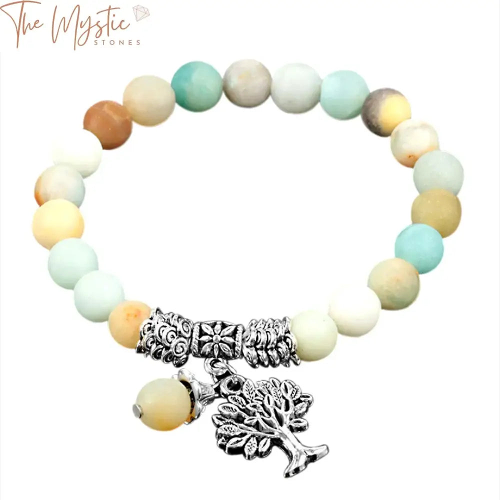 A collection of matte Amazonite stone bracelets featuring round beads in various shades of light blue, green, and beige.