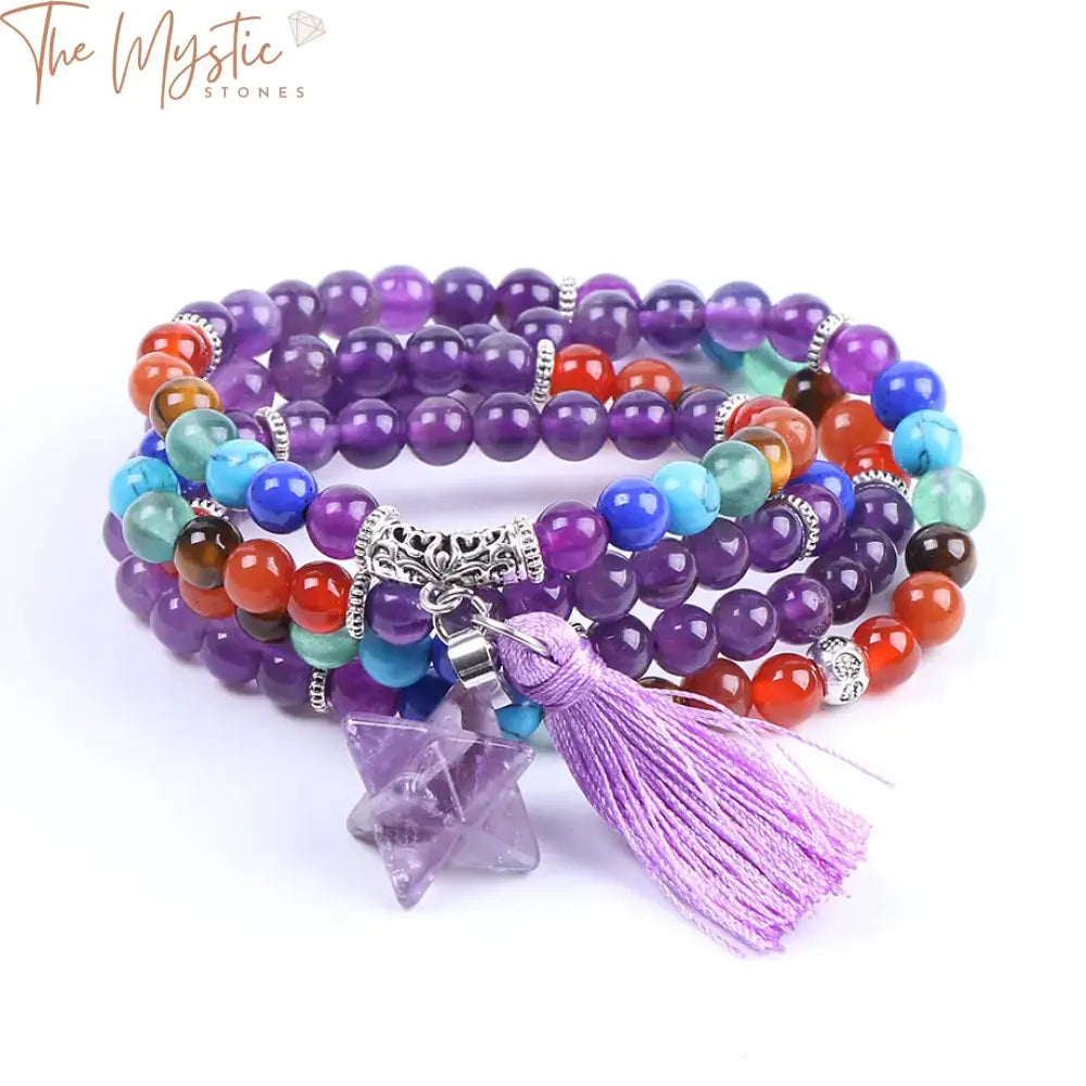 A collection of vibrant, multi-strand bracelets featuring natural amethyst gemstones is displayed.