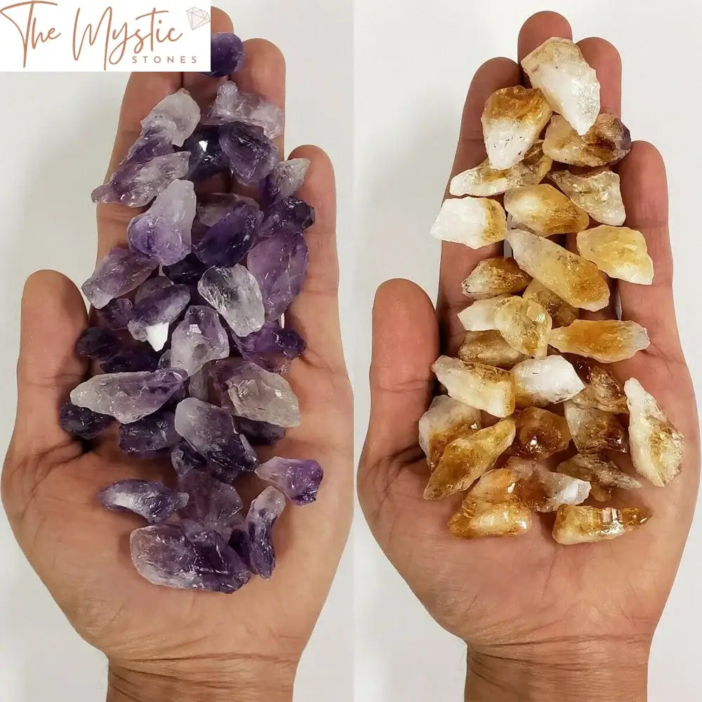 A collection of raw amethyst and citrine crystal points and chunks displayed together.