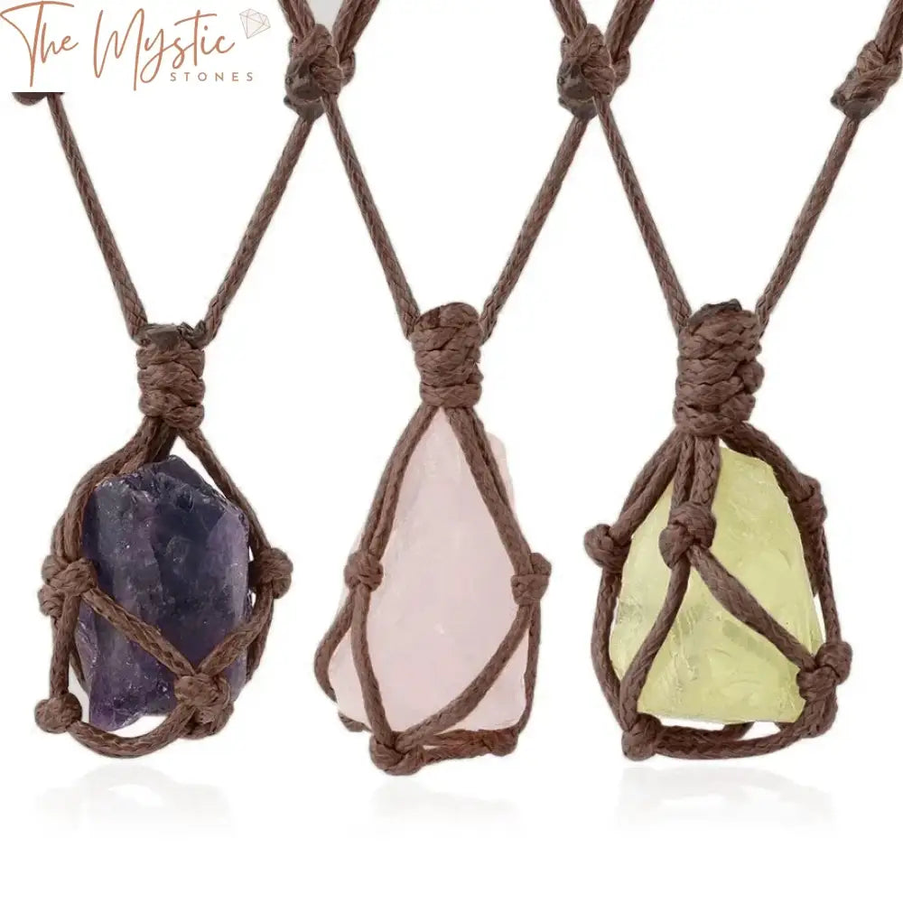 A close-up image of a Healing Crystals Necklace featuring a natural stone pendant wrapped in a delicate rope design.