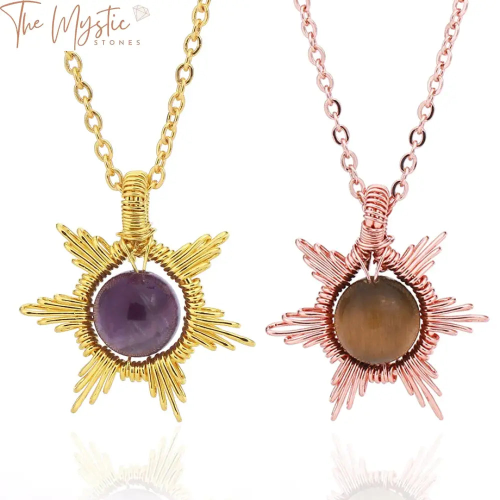 A Sun Stone necklace featuring a natural crystal centerpiece intricately wire-wrapped.