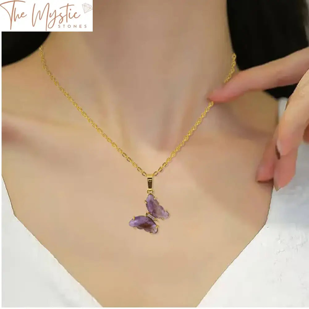 Amethyst Butterfly Crystal Pendant Necklace