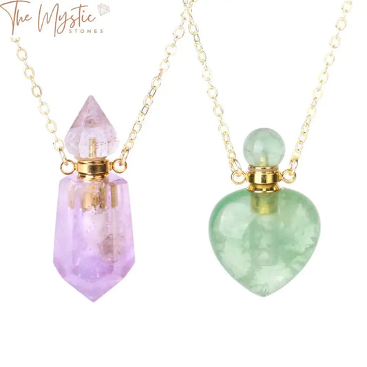 A stylish necklace featuring a small, faceted amethyst crystal stone as a perfume bottle pendant.