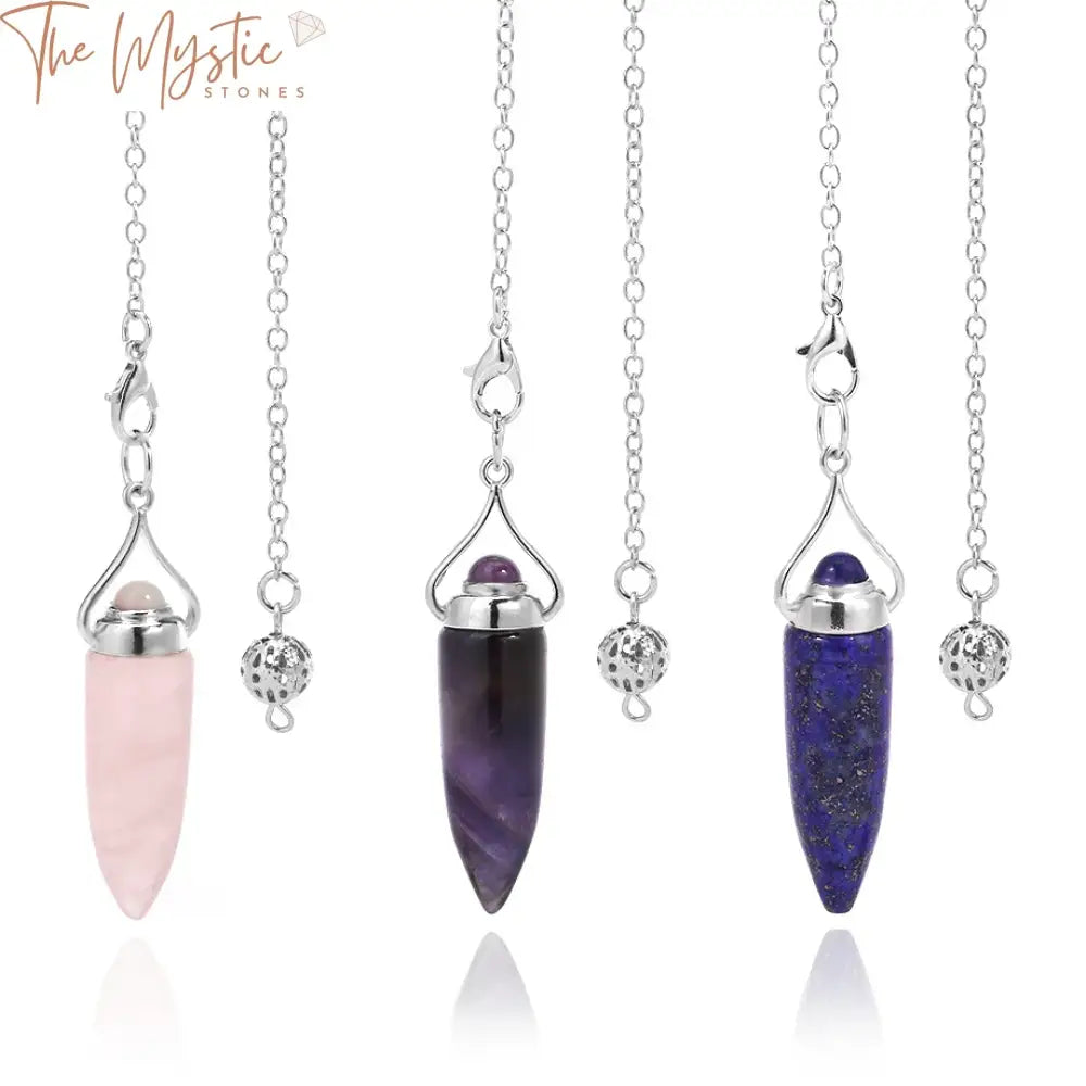 A natural stone pendulum featuring a polished amethyst crystal suspended from a delicate chain.