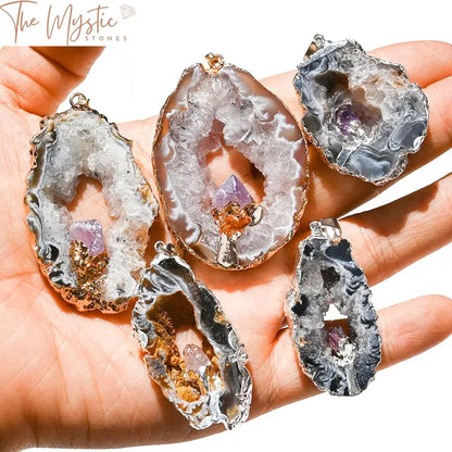 Amethyst Inlaid Agate Geode Druzy Pendant