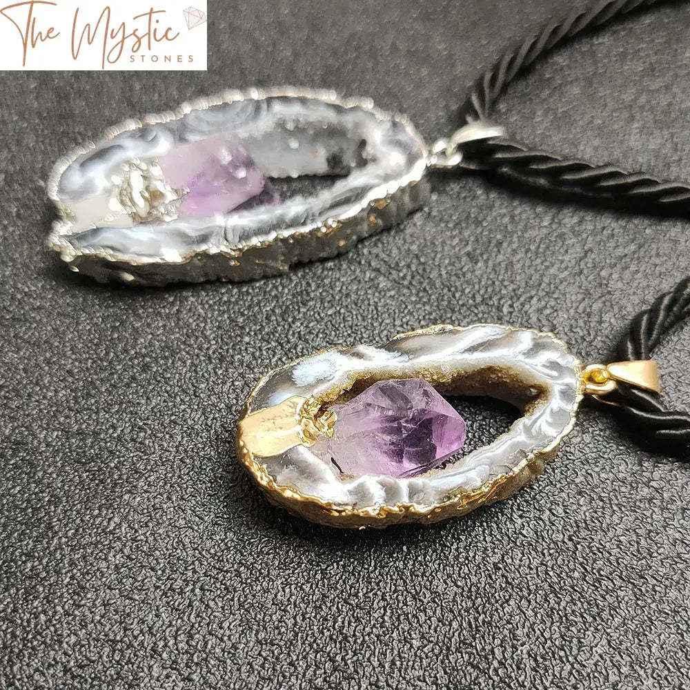 Amethyst Inlaid Agate Geode Druzy Pendant