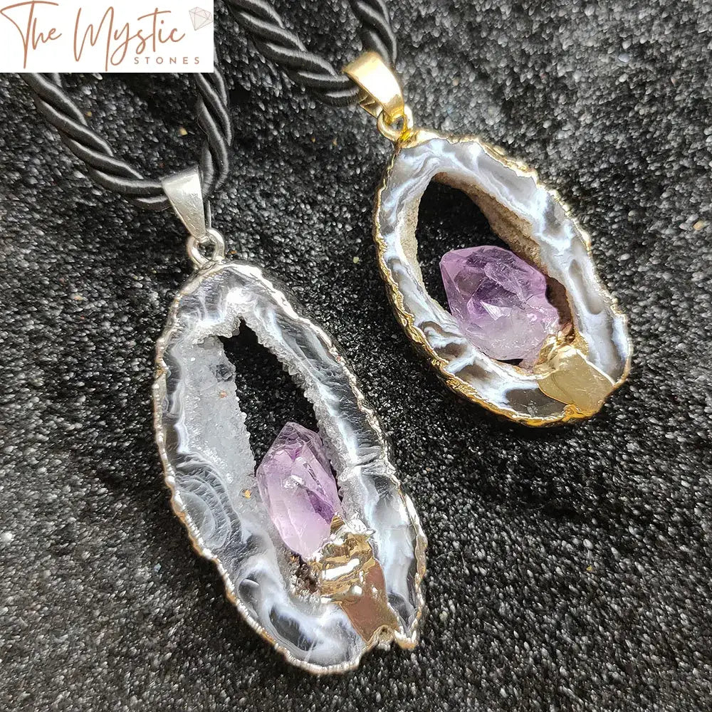 Amethyst Inlaid Agate Geode Druzy Pendant