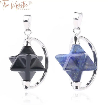 A Merkabah pendant featuring a natural stone design with a vibrant purple and clear crystal.