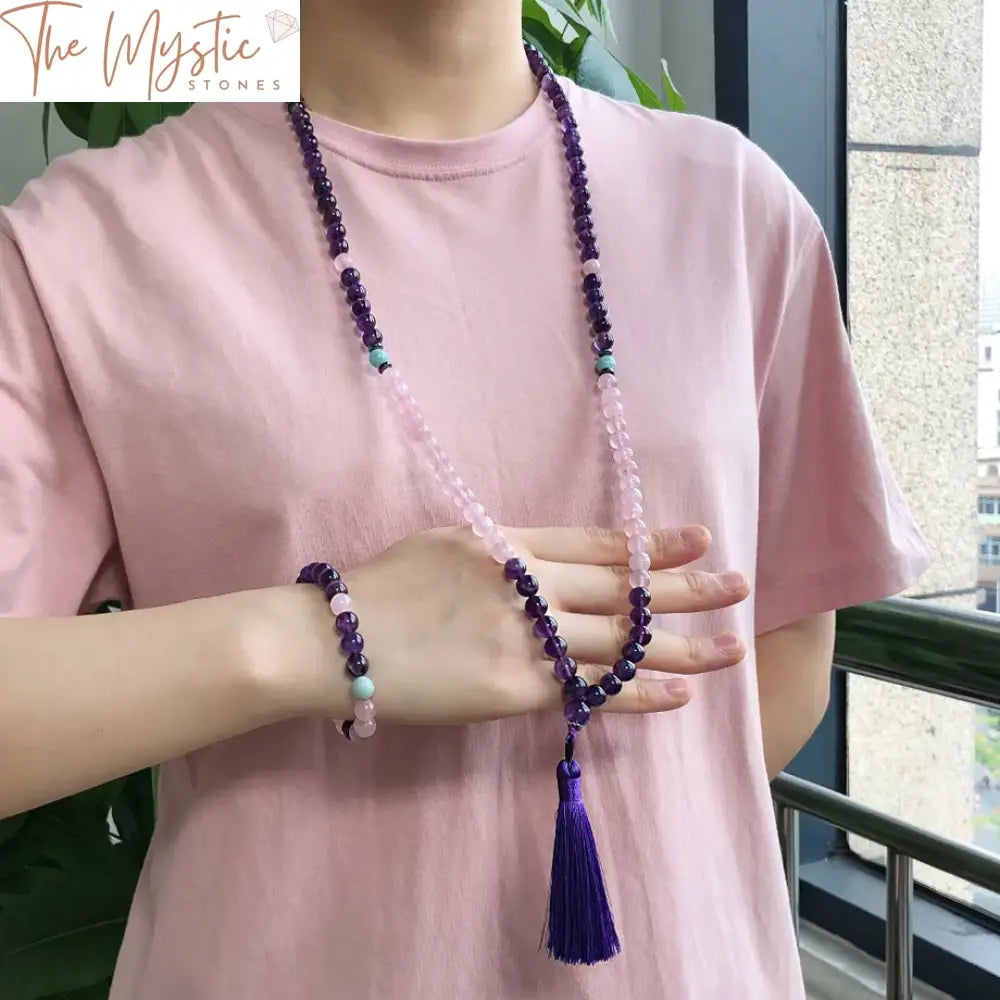 Amethyst & Pink Crystal Mala Jewelry Set