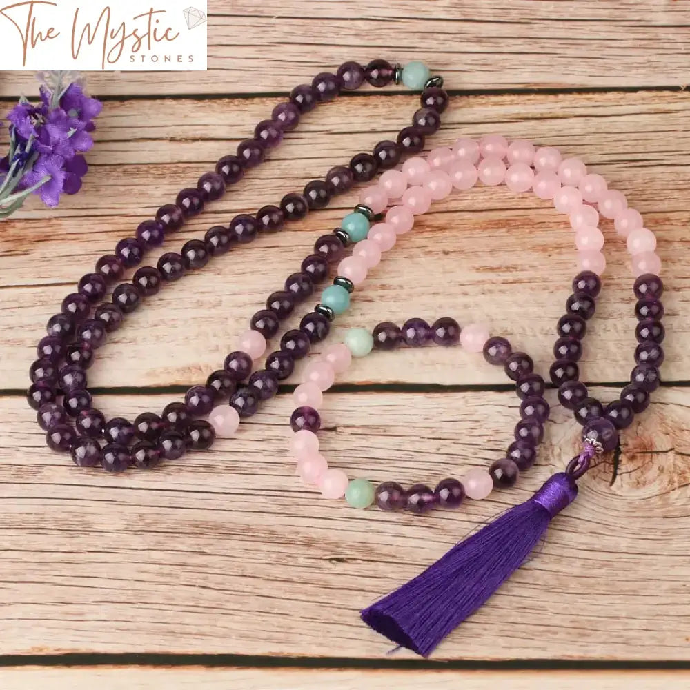 Amethyst & Pink Crystal Mala Jewelry Set