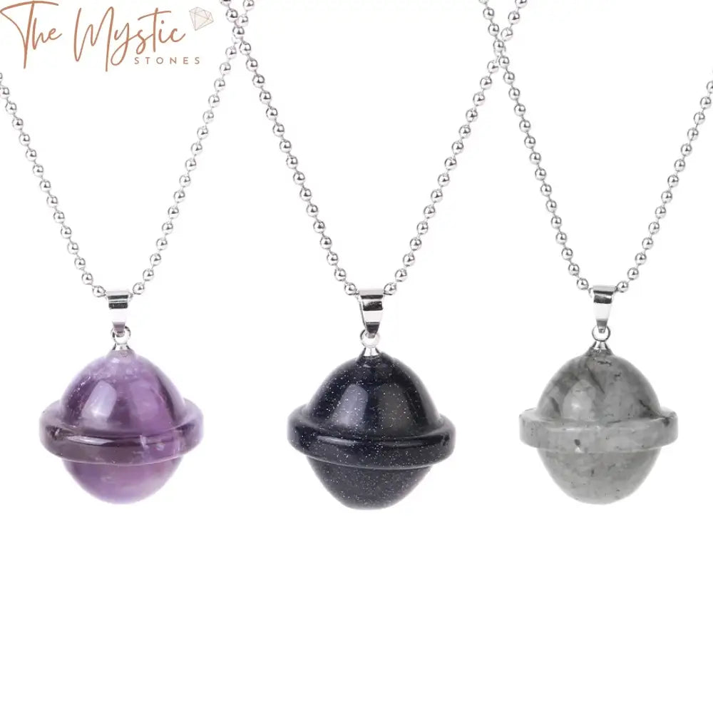 A close-up image featuring a Mini Crystal Planet Pendant Necklace.