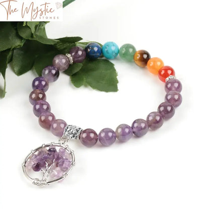 Amethyst Quartz Chakra Bracelet With Tree Of Life Charm